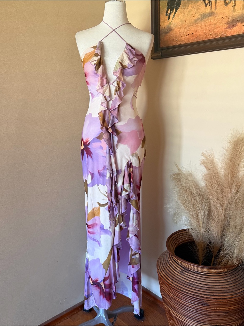 Floral Ruffle Halter Maxi Dress in Lavender and Cream